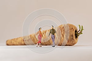 Miniature woman and man figure standing next to big parsnip. Shallow depth of field background. Healthcare, healthy lifestyles and