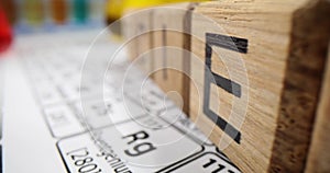 Miniature wooden cubes form word SCIENCE on lab table