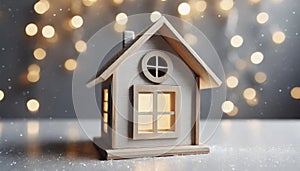 Miniature wooden house on table, Christmas lights