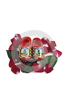 Miniature wooden shoes, rose petals and leaves.