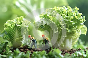 Miniature workers cultivate the land for a better harvest of green salad