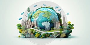 Miniature World Concept with Historical Buildings and Lush Trees. Urban and Natural Harmony On Globe. Generative AI