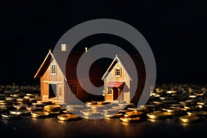 miniatures wooden houses opn the pile old gold coin