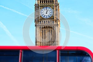 Miniaturised Shot Of Big Ben With Red Double Decker Bus In Foregr