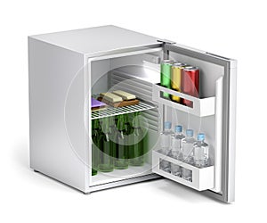 Minibar refrigerator with drinks and snacks
