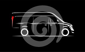 Minibus, bus simple side view schematic image on black background