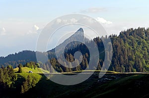 Minibus in mountains, outdoor recreation. Sharp peak, fir-trees and rocks in Charmant Som, France