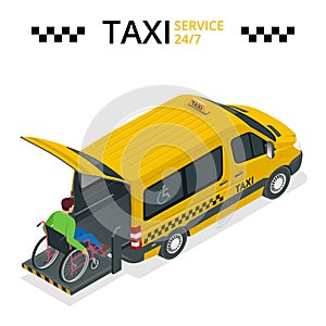 Minibus for physically disabled people. Taxi or car for man on wheelchair. Vehicle with a lift. Flat 3d vector isometric