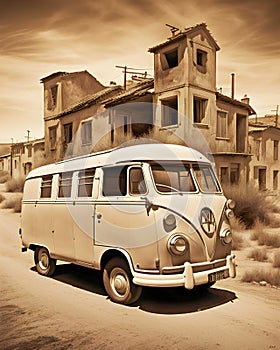 A minibus in the sixties driving through a ghost town