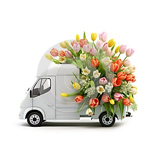 Minibus with tulip flowers
