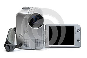 MiniDV videocamera facing us on white background photo