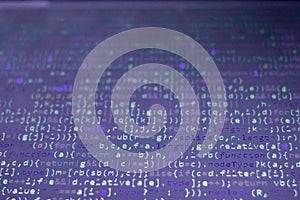 Minificated javascript code. Computer programming source code abstract screen of web developer.