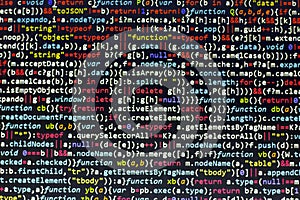 Minificated javascript code. Computer programming source code abstract screen of web developer. Digital technology modern backgrou