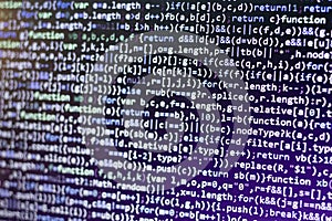 Minificated javascript code. Computer programming source code abstract screen of web developer. Digital technology modern backgrou