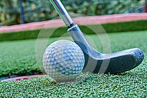 Minigolf ball and a green lawn on a background of the sky