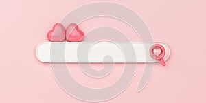 Minimal abstract background for online love and wedding concept. Blank web search bar and pink heart on pink background
