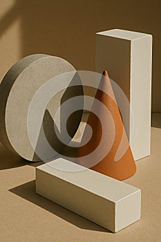 Geometric shapes casting shadows in soft neutral light. Generated AI