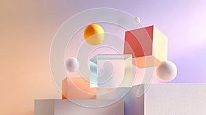 Minimal abstract composition with floating spheres and cubes on a soft gradient background