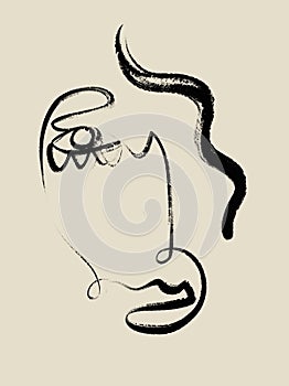 Minimal abstract cubism face. One line face.