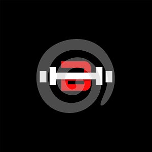 Minimal abstract letter B gym logo with dumbbell or barbell. Creative design graphic template in red and white color. Isolated in