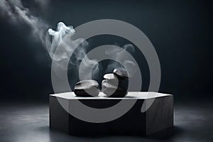minimal, abstract notion. Natural granite stones on a pedestal over water and smoke against a dark background.