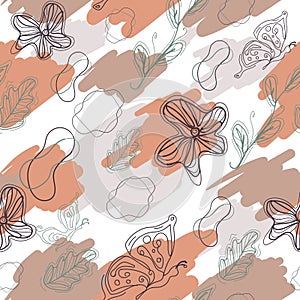 Minimal abstract wall painting. Line art seamless pattern with contour of butterflies, flowers, leaves and amoeba.