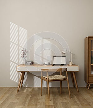 Minimal aesthetic home office interior with laptop mockup on wood table against the white wall