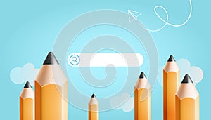 Minimal background for online education concept. Search bar with pencils, paper airplane and white cloud on blue