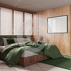 Minimal bedroom with wooden walls and frame mockup in green and beige tones. Double bed with pillows, carpets and decors. Modern