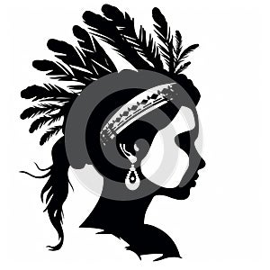 Minimal Black And White Silhouette Portrait Of An Indian Woman With Feather Headdress