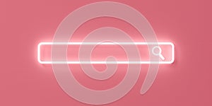 Minimal blank neon light search engine bar on pink pastel color background with shadow minimalism conceptual 3D render