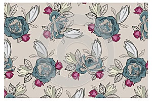 Minimal Bloom Rose Sketch Hand Drawn Line art Seamless Pattern photo