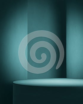 Minimal blue interior studio scene for product podium background with spotlight on round table. Luxury abstract geometric