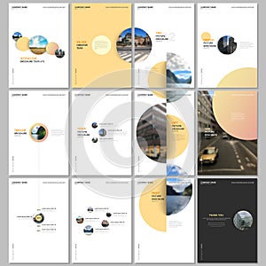 Minimal brochure templates with colorful gradient shapes, circles, round elements on white background. Covers design