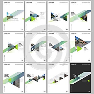 Minimal brochure templates with colorful gradient trangles and triangular shapes on white background. Covers design