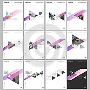 Minimal brochure templates with colorful gradient trangles and triangular shapes on white background. Covers design