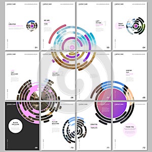 Minimal brochure templates with pink colorful circle elements, round shapes on white background. Covers design templates