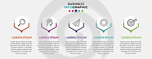 Minimal Business Infographics template. Timeline with 5 steps, options and marketing icons