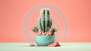 Minimal Cactus On Pink Background - 3d Rendering