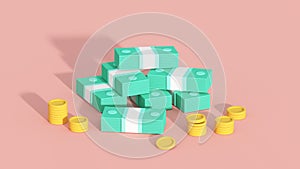 Minimal cartoon style banknotes and coins 3D render illustration