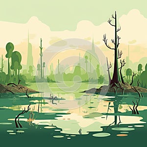Minimal Cartoon Swamp: A Stylistic Nature Scene With Decaying Landscapes