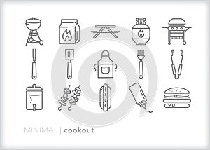 Cookout icon set of food, tools and equipment for grilling outside photo
