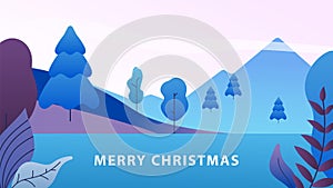 Minimal christmas landscape. Winter abstract nature background, new year forest and mountain. Seasonal vector