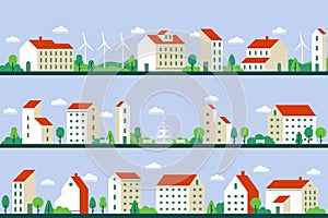 Minimal city panorama. Townhouses buildings, townscape and cityscape building geometric style flat vector illustration photo