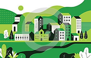 Minimal cityscape. Flat landscape with geometric buildings and nature environment, city street pattern. Vector geometry
