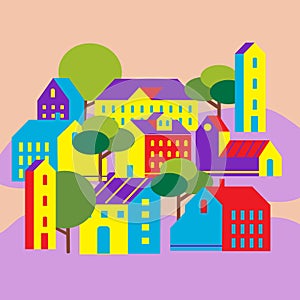 Minimal cityscape. Flat town houses with eco nature environment, modern geometric buildings. Cityscape background, vector