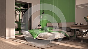 Minimal classic bedroom in green tones with walk-in closet, double bed with duvet and pillows, side tables with lamps, carpet.