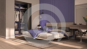 Minimal classic bedroom in purple tones with walk-in closet, double bed with duvet and pillows, side tables with lamps, carpet.