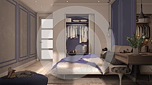 Minimal classic bedroom in purple tones with walk-in closet, double bed with duvet and pillows, side tables with lamps, carpet.