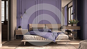 Minimal classic bedroom in purple tones with walk-in closet, double bed with duvet and pillows, side tables with lamps, carpet.